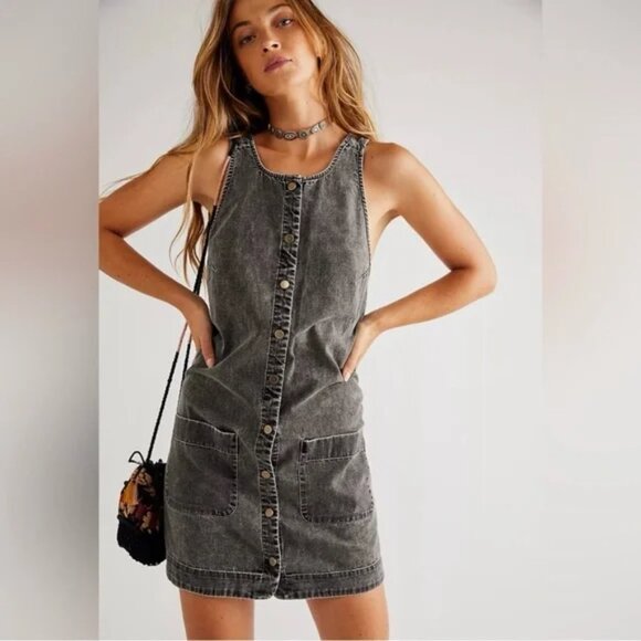 Free People Dresses & Skirts - Free People Washed Black Denim Button-Front Mini Dress